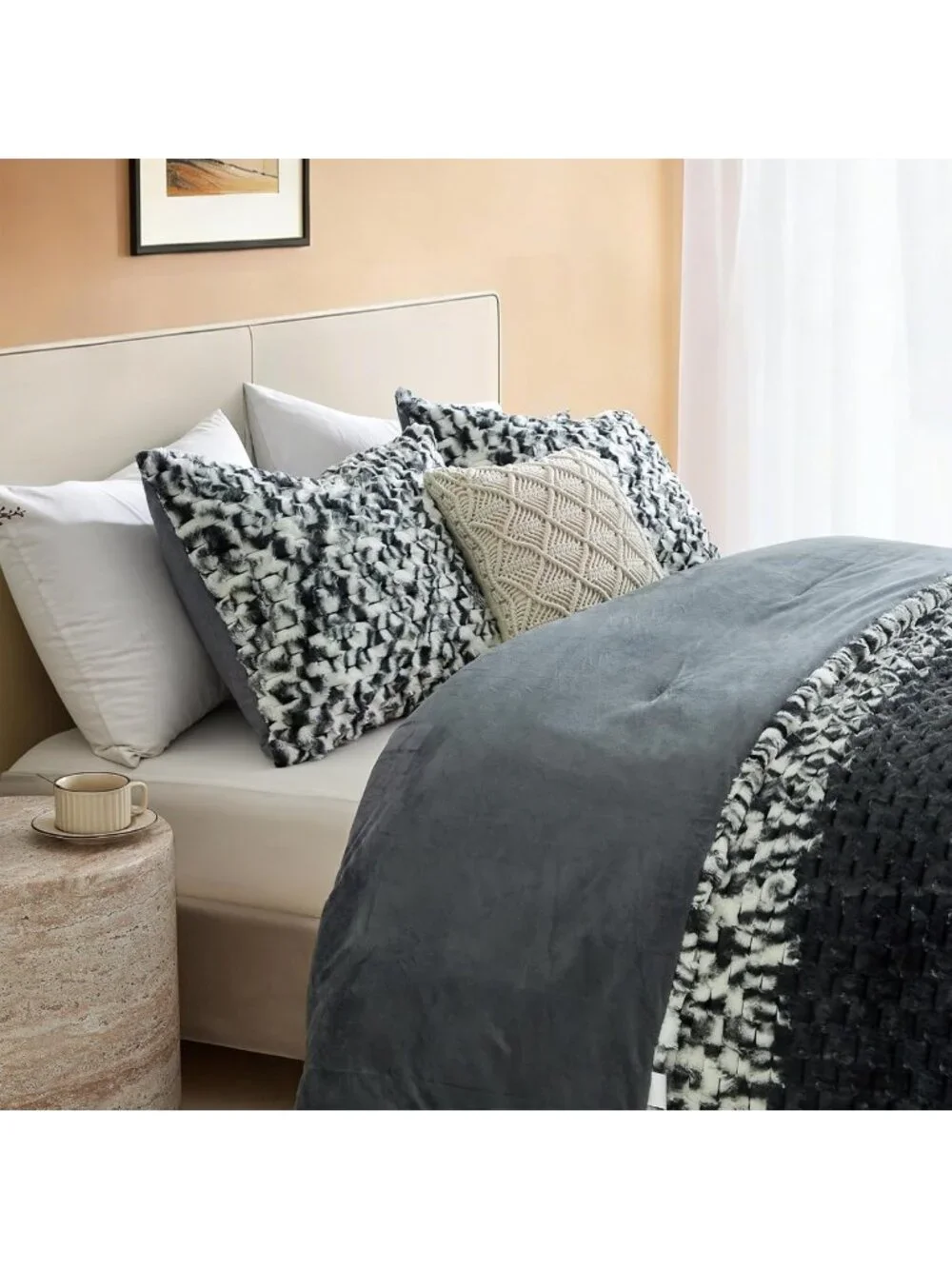 Cozy Black & White Striped Fluffy King Comforter Set - Ultra-Soft Faux Fur